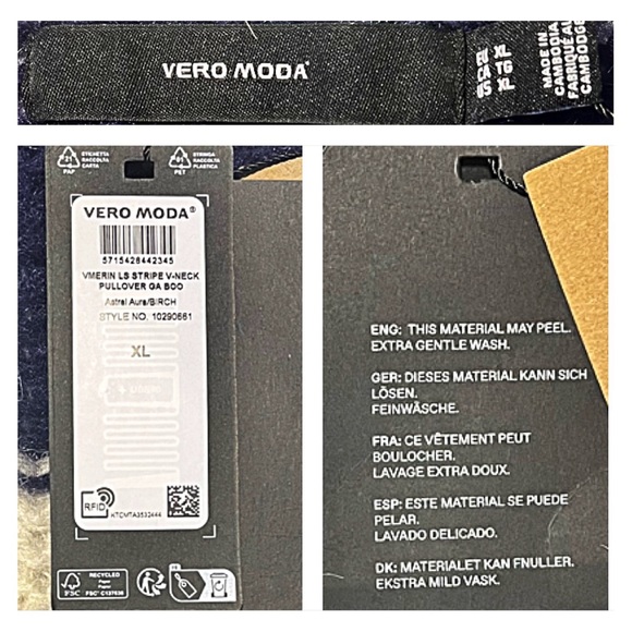 NWT VERO MODA ERIN STRIPED V-NECK CHUNKY KNIT COZY SWEATER XL Navy Cream - Picture 11 of 12